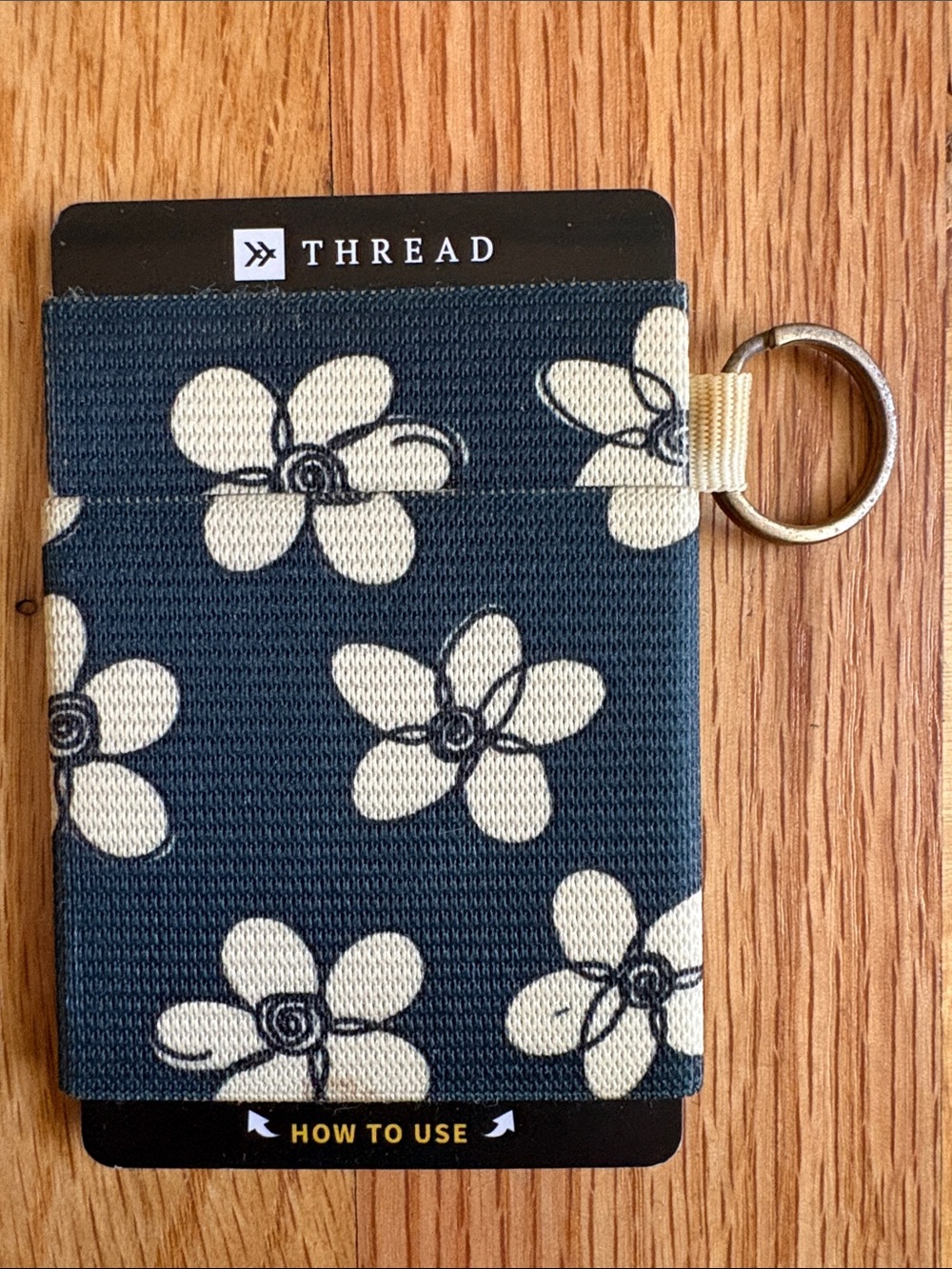Thread Floral Elastic Cardholder Wallet in Navy and Cream